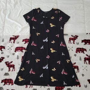 American Vintage Black Dress with Colorful Butterfly Print